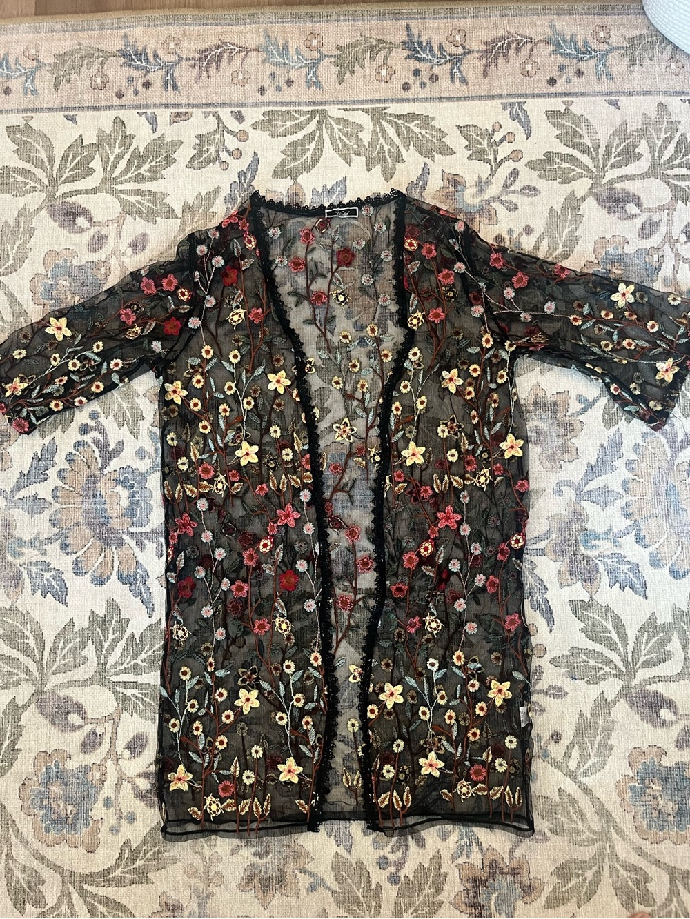 Black Sheer Floral Embroidered Cardigan - Elegant Open Front